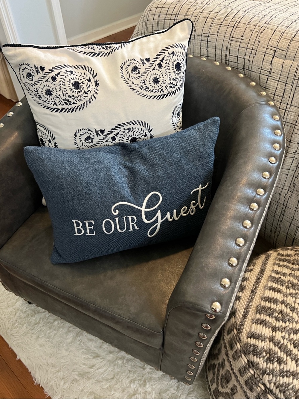 Nina Home by Nina Campbell Embroidered Paisley Throw Pillow Navy Ivory 20 x 20